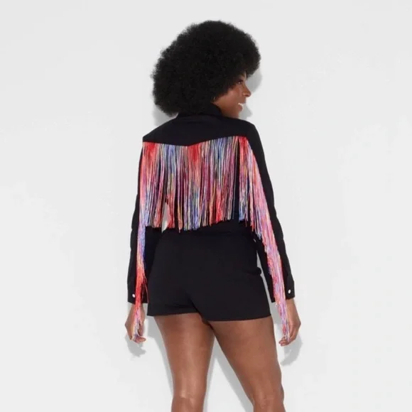 PRIDE Black Shorts Jumpsuit Romper Zip Front w Colorful Fringe Size S  NWT - Picture 12 of 13